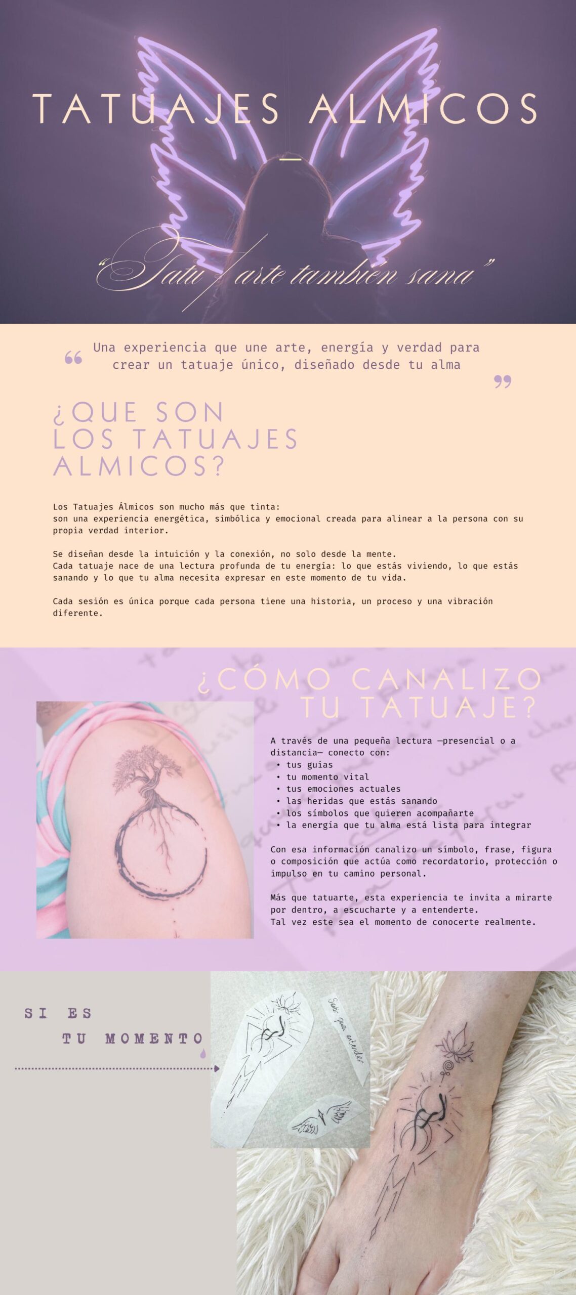 Diseño de página informativa sobre tatuajes álmicos con símbolos espirituales y ejemplos de tatuajes personalizados